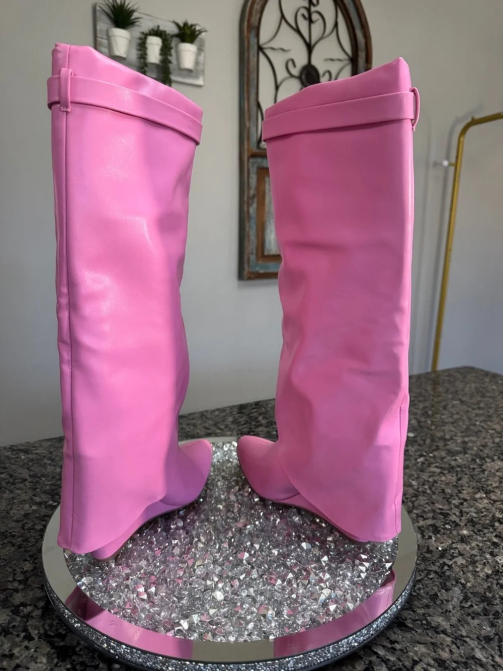 Pink Women's Knee-High skirted wedge Fashion Boots